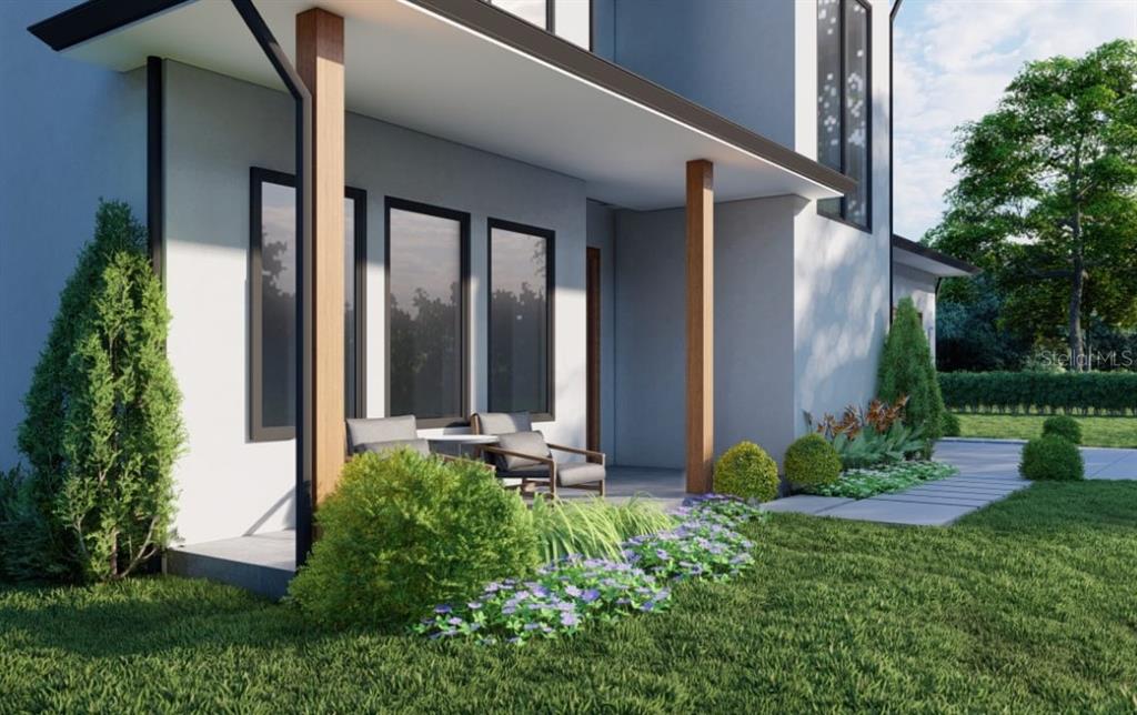 This is a rendering of a modern home exterior featuring a covered porch and landscaping — 2232 GROVE STREET, SARASOTA, FL
