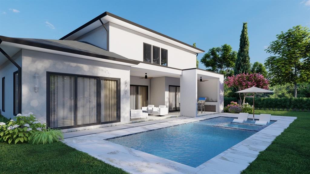 This is a digital rendering of a modern house exterior featuring a pool and patio — 2232 GROVE STREET, SARASOTA, FL