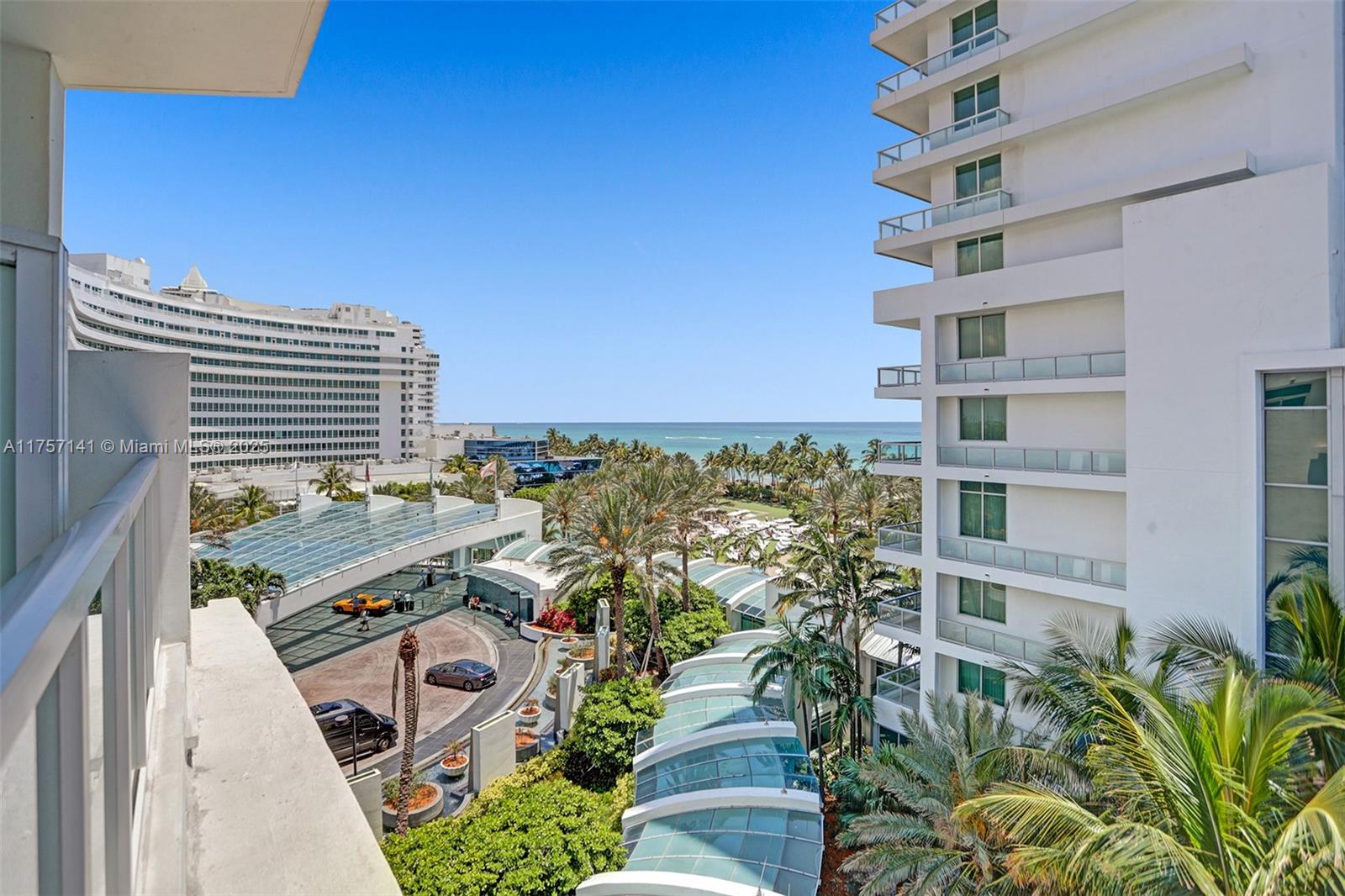 A high-angle view shows a resort complex with palm trees, pools, and ocean views — 4401 Collins Ave, Miami Beach FL 33140, MIAMI BEACH, FL