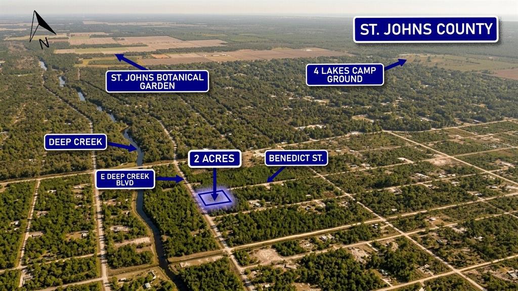 An aerial map shows a highlighted two-acre plot of land near Deep Creek — 4795 BENEDICT STREET, HASTINGS, FL