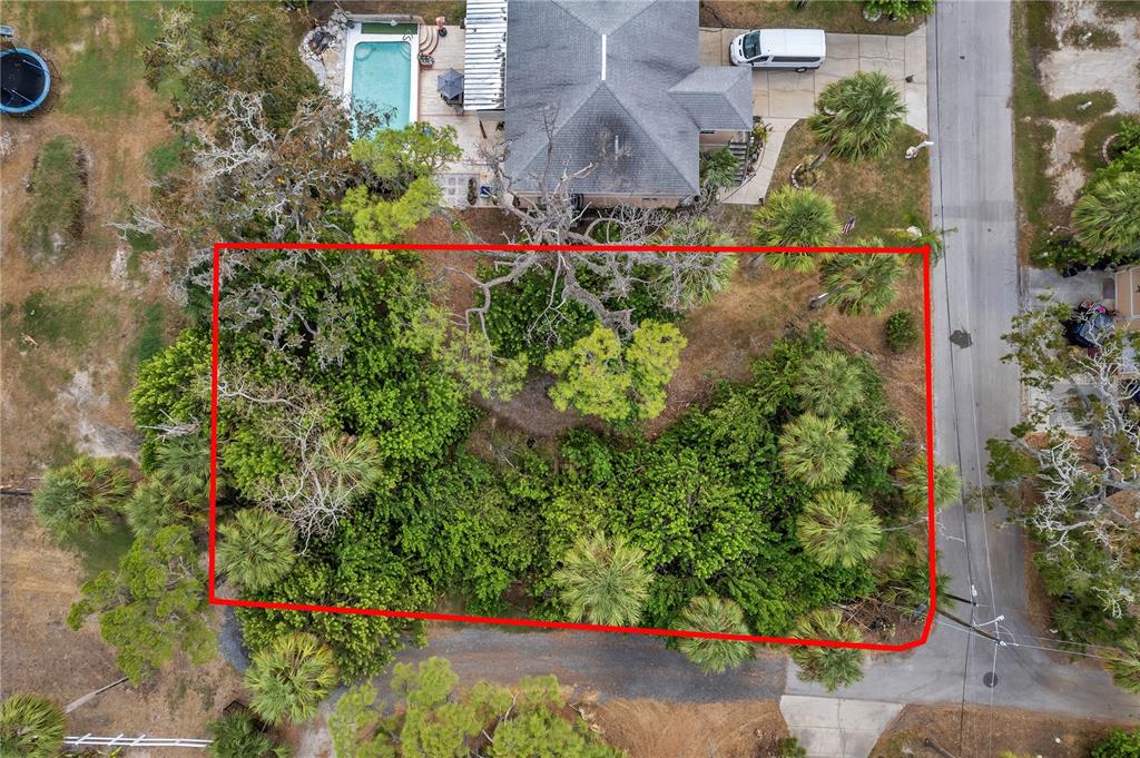 An aerial view shows a rectangular, tree-covered lot outlined in red next to a house — 7822 WILMAR COURT, PORT RICHEY, FL