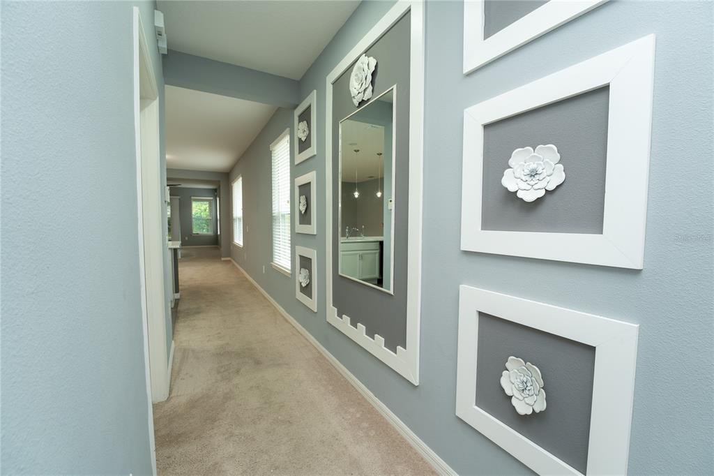 A hallway features carpeted flooring, light blue walls, and decorative wall molding with floral accents — 157 PALAZZO LANE, KISSIMMEE, FL