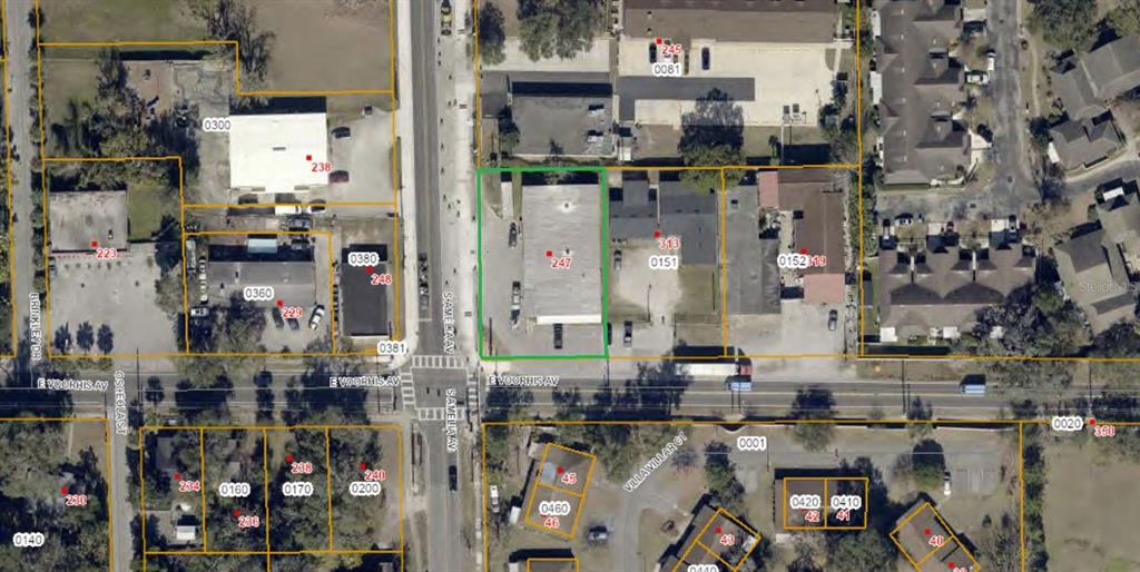 This is an aerial map view showing a commercial building highlighted in green — 247 S AMELIA AVENUE, DELAND, FL