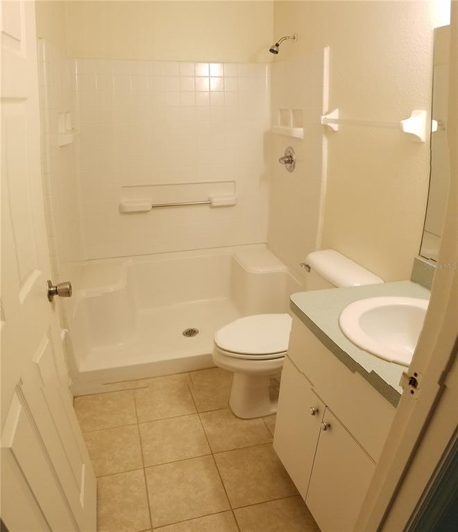 A bathroom features a walk-in shower with built-in seats, a toilet, and a vanity sink — 1673 SW 107TH LANE, OCALA, FL