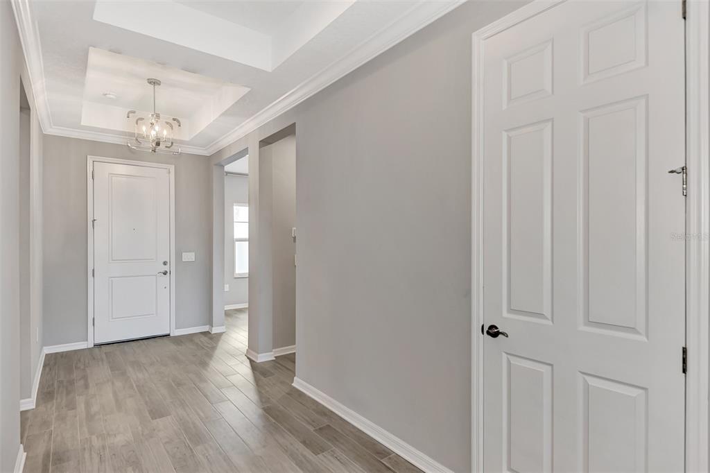 A bright entryway features gray walls, wood-look tile flooring, a tray ceiling, and white doors — 5825 MILLENNIUM SILVER COURT, SARASOTA, FL