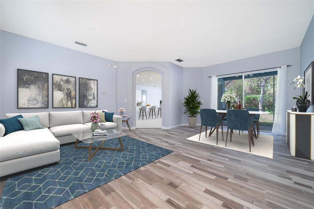 This is a digital rendering of a living and dining area with light wood flooring — 8119 LAKE CROWELL CIRCLE, ORLANDO, FL