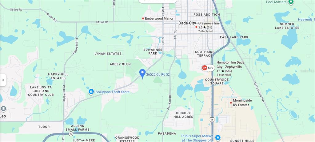 This is a map showing the location of a property in Dade City, Florida — 36520-36522-36526 COUNTY ROAD 52, DADE CITY, FL