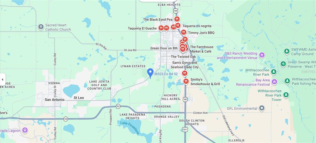 This is a map showing the location of a property in Dade City, Florida — 36520-36522-36526 COUNTY ROAD 52, DADE CITY, FL