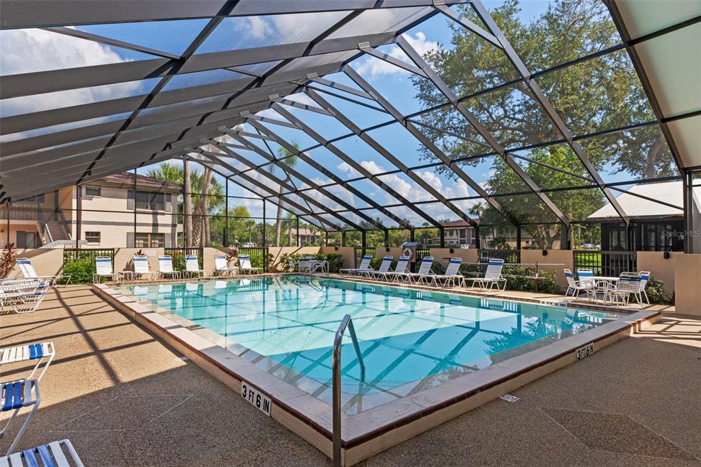 A rectangular swimming pool is enclosed by a screened lanai with surrounding lounge chairs — 19505 QUESADA AVENUE UNIT SS201, PORT CHARLOTTE, FL