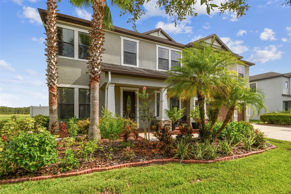 A two-story house with a covered front porch, palm trees, and a landscaped garden — 10627 MISTFLOWER LANE, TAMPA, FL