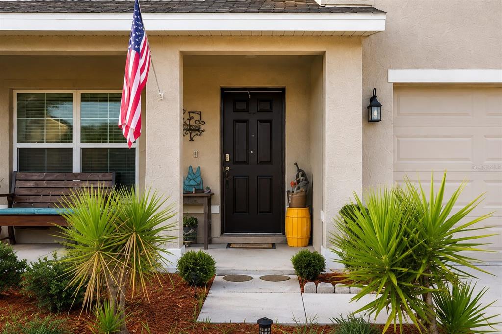 The exterior of a house features a dark front door, a porch, and two palm plants — 5480 LOGAN CAVE AVENUE, WIMAUMA, FL