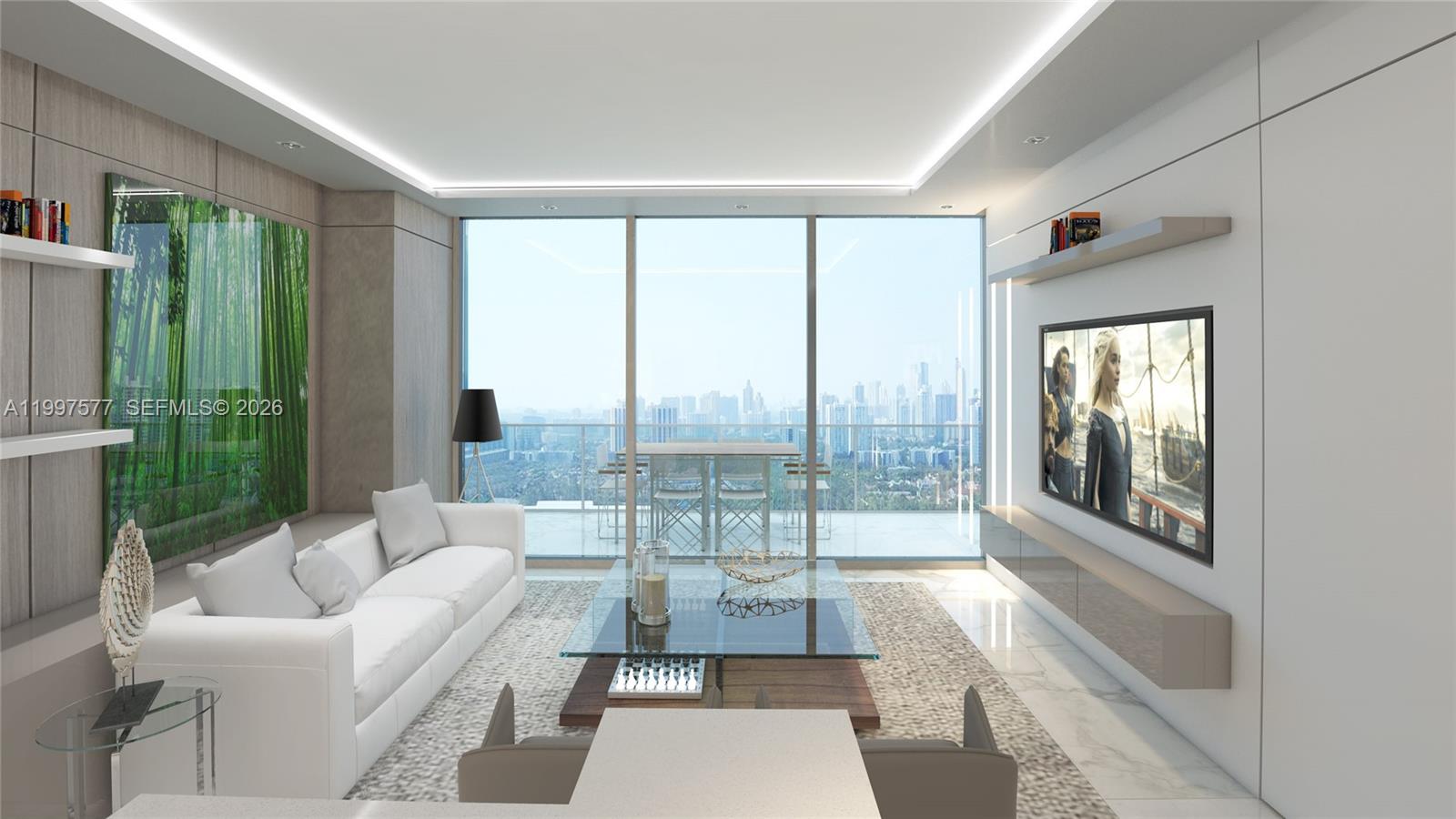 This rendering shows a modern living room with floor-to-ceiling windows overlooking a city skyline — 1170 E Hallandale Beach Blvd # 202, Hallandale Beach FL 33009, HALLANDALE BEACH, FL