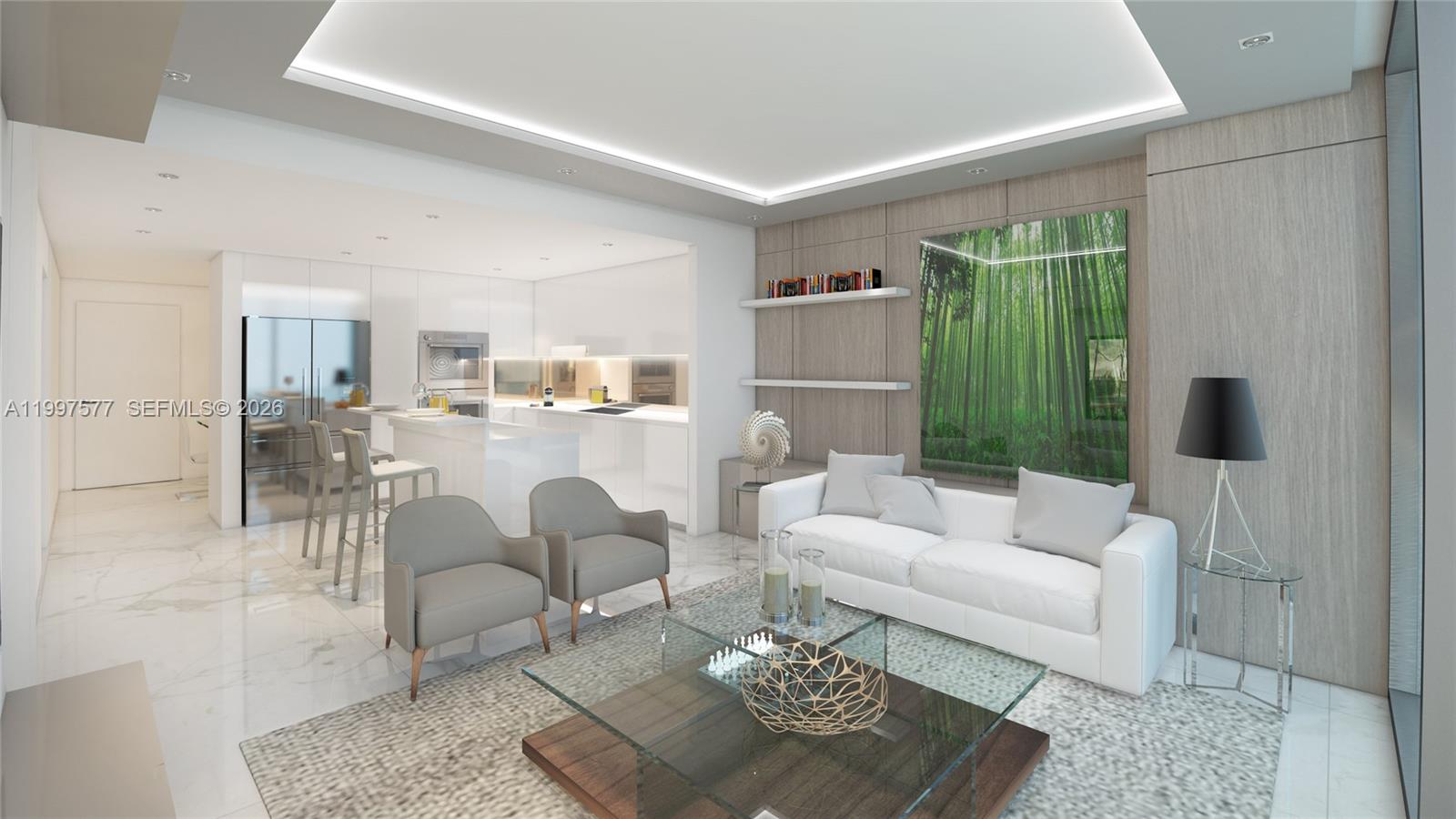 This is a rendering of a modern open-concept living room and kitchen with marble floors — 1170 E Hallandale Beach Blvd # 202, Hallandale Beach FL 33009, HALLANDALE BEACH, FL