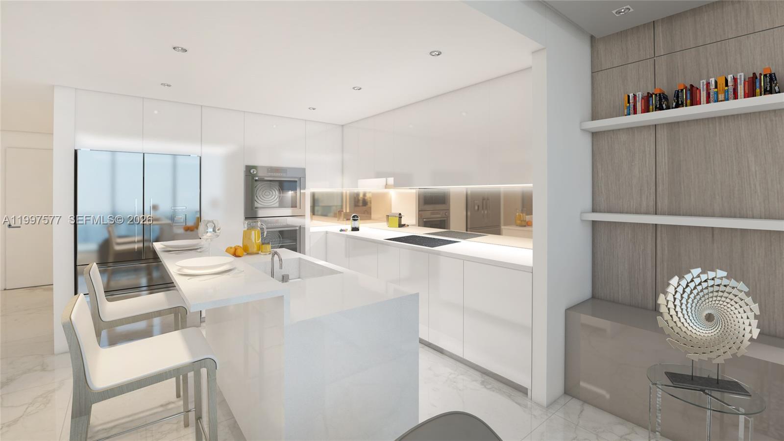 This rendering shows a modern white kitchen with an island, bar seating, and open shelving — 1170 E Hallandale Beach Blvd # 202, Hallandale Beach FL 33009, HALLANDALE BEACH, FL
