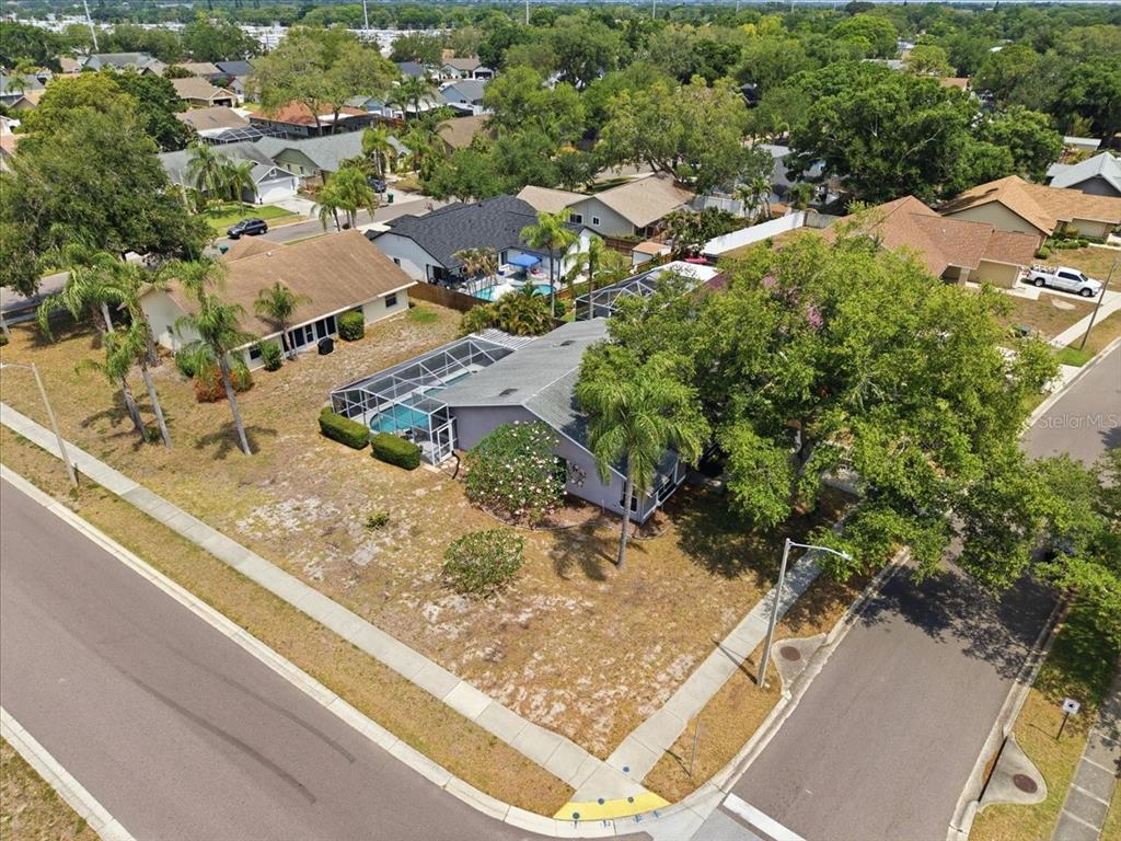 An aerial view shows a corner lot house with a screened-in pool and large trees — 798 COUNTRYSHIRE LANE, PALM HARBOR, FL