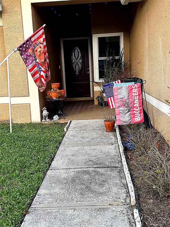 A concrete walkway leads to a front entrance featuring a dark door and decorative flags — 30913 BRIDGEGATE DRIVE, WESLEY CHAPEL, FL