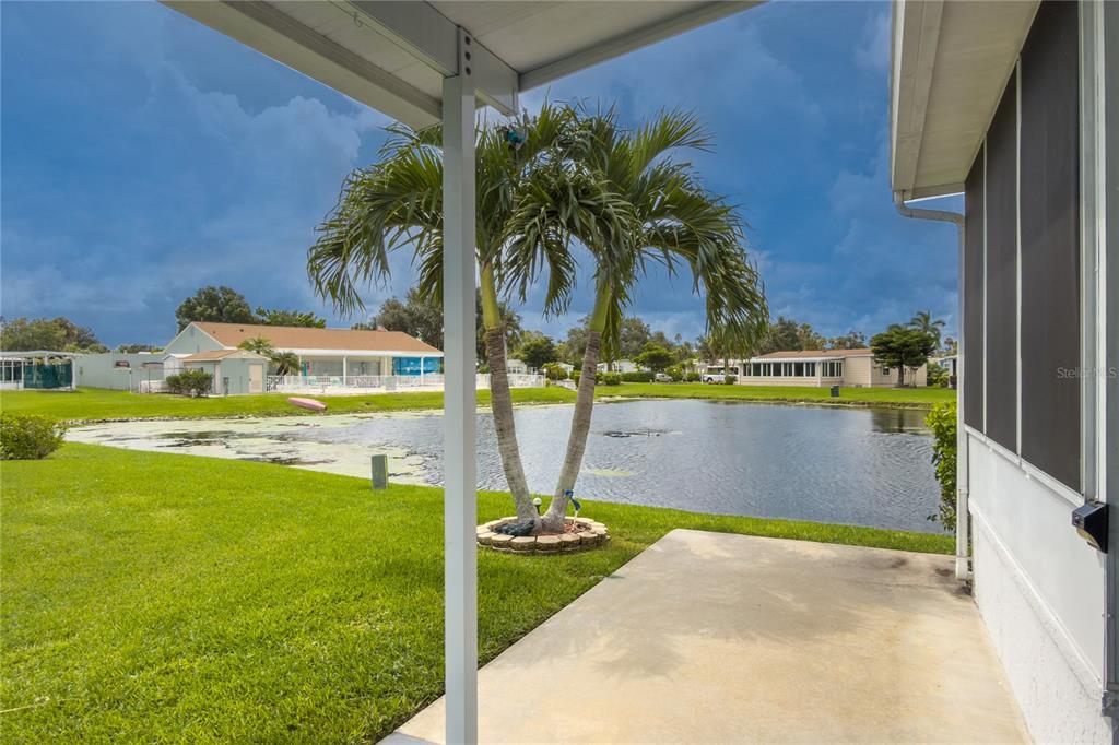 A concrete patio overlooks a pond with palm trees and neighboring houses in the background — 78 EAGLE CIRCLE, ELLENTON, FL