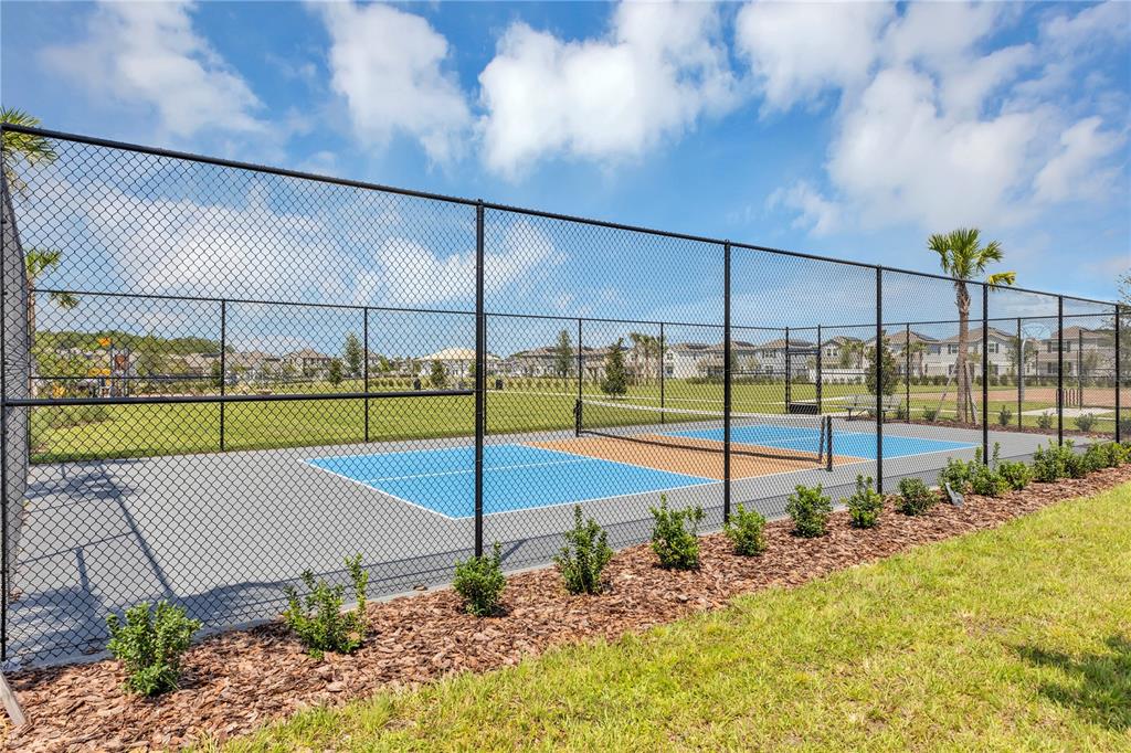 A fenced-in pickleball court with blue and tan surfaces sits outdoors near a grassy area — 5219 HAVEN VIEW DRIVE, CLERMONT, FL