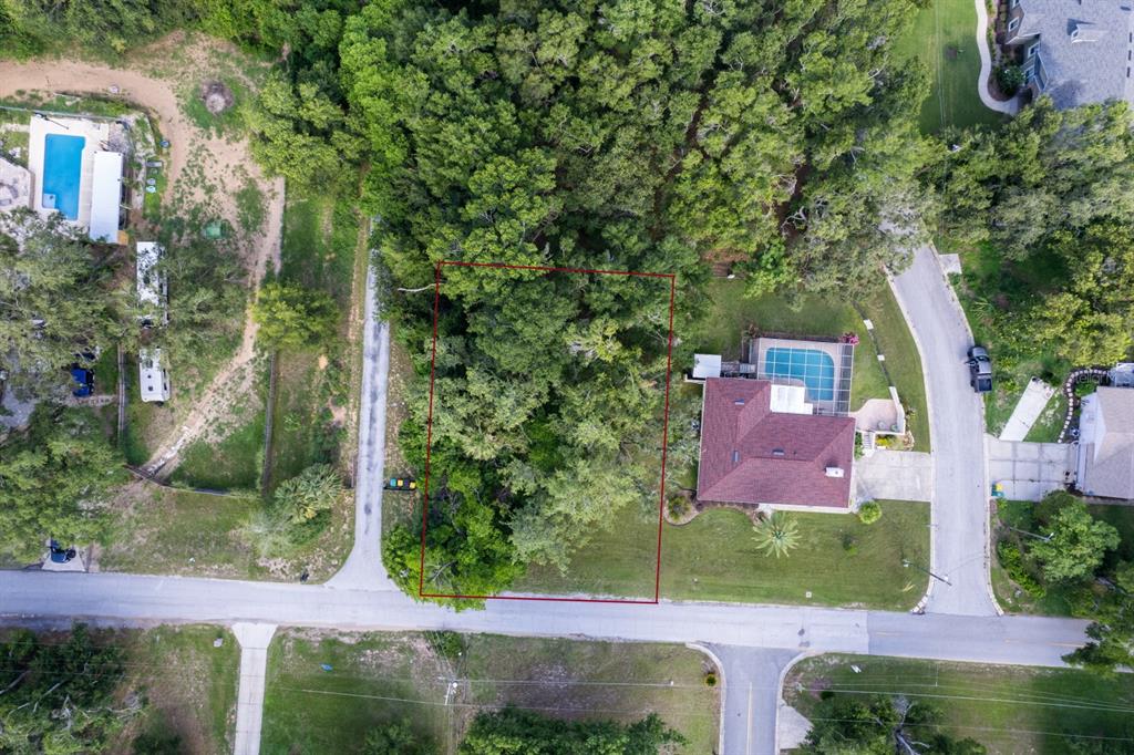 An aerial view shows a rectangular, tree-covered vacant lot outlined in red next to a house — COUNTRY CLUB ROAD, EUSTIS, FL