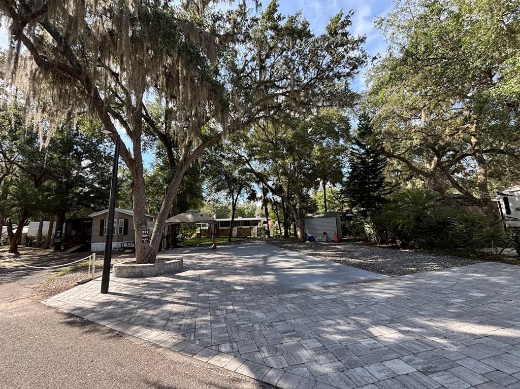 A paved driveway leads to a shaded lot with mature trees and a small gazebo — 25314 NE 141ST STREET UNIT 377, SALT SPRINGS, FL