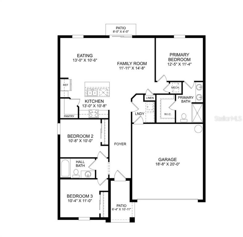 This floor plan shows a three-bedroom house with a garage, kitchen, and two patios — 1702 FLAG STREET, HAINES CITY, FL