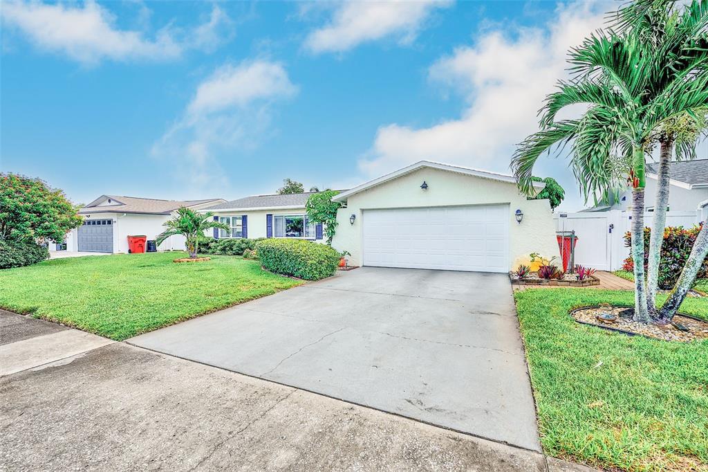 A single-story house with a white garage door, concrete driveway, and a palm tree — 9069 127TH STREET, SEMINOLE, FL