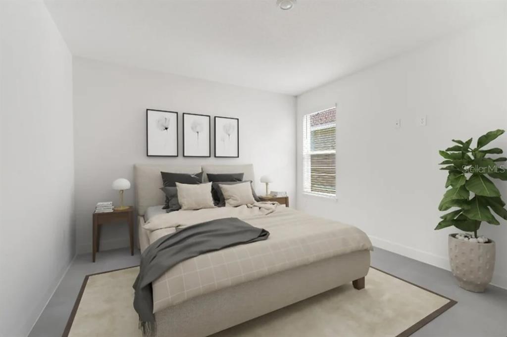 This is a digital rendering of a minimalist bedroom featuring a bed and a potted plant — 12940 HARVEST RAIN AVENUE, WINTER GARDEN, FL