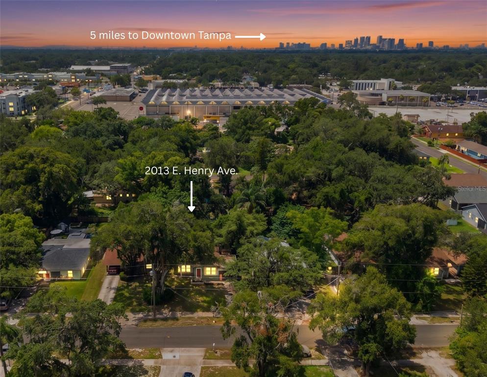An aerial view shows a residential house surrounded by trees with a city skyline behind — 2013 E HENRY AVENUE, TAMPA, FL