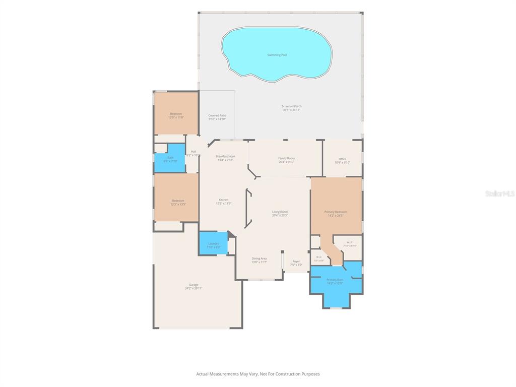This is a floor plan of a house featuring a swimming pool and a screened porch — 8420 MAYBELLE DRIVE, WEEKI WACHEE, FL