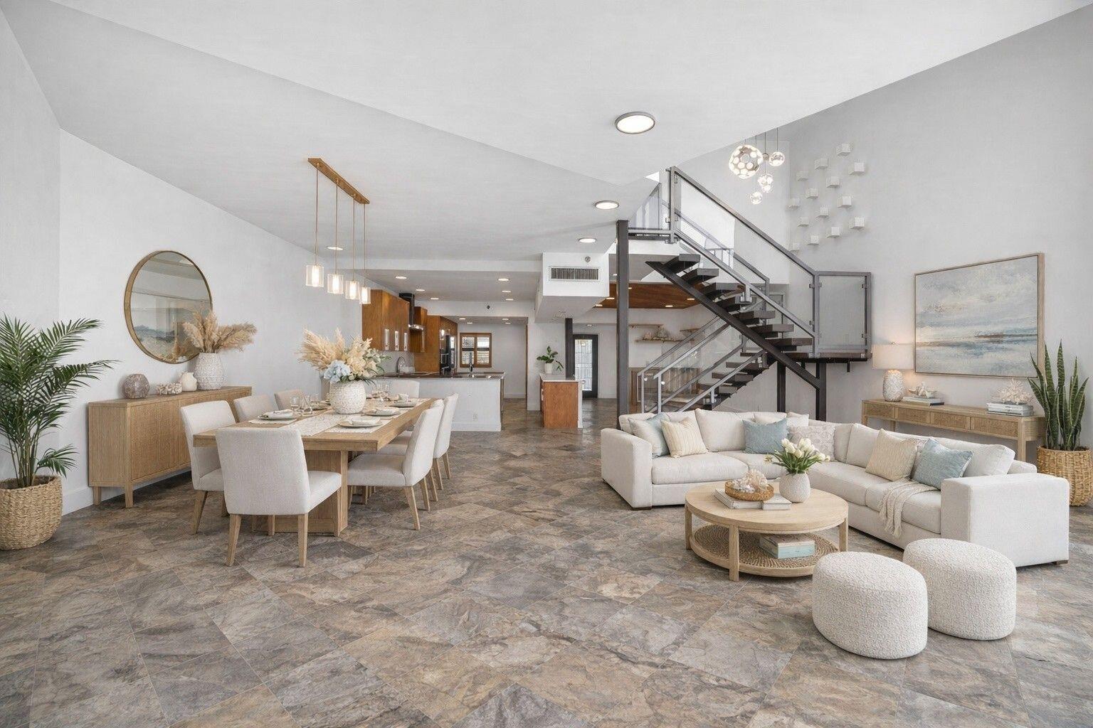 An open-concept living and dining area features tile flooring, a modern staircase, and neutral furniture — 1035 S Federal Highway # 402, Delray Beach FL 33483, DELRAY BEACH, FL