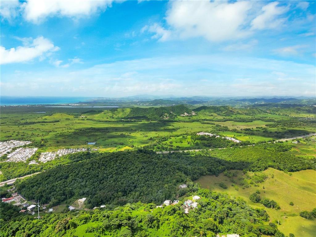 An aerial view shows a lush green landscape with rolling hills, scattered houses, and distant ocean — BO MAIZALES CALLE BORGES FINAL, NAGUABO, PR