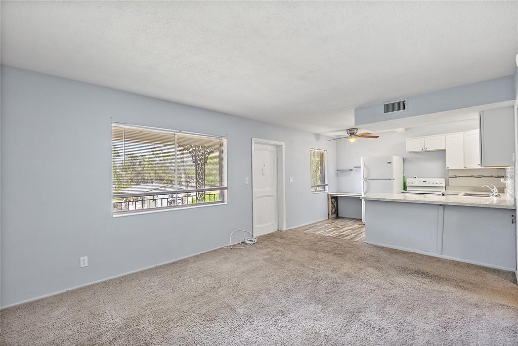 A living room with beige carpet opens to a kitchen featuring white cabinets and appliances — 6266 1ST AVENUE S UNIT 29, ST PETERSBURG, FL