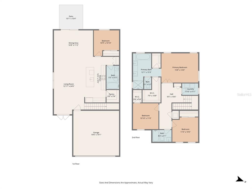 This is a two-story floor plan showing a garage, living areas, and multiple bedrooms — 8044 GULFSTREAM COURT UNIT 14318, LAKEWOOD RANCH, FL