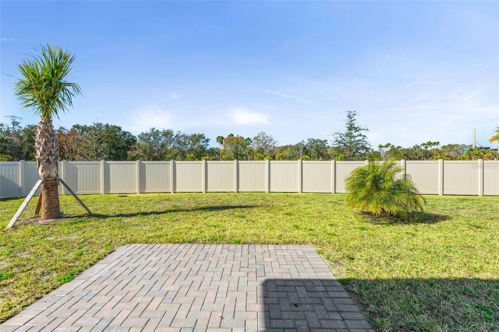 A backyard features a paved patio, a grassy lawn, two palm trees, and a vinyl fence — 8044 GULFSTREAM COURT UNIT 14318, LAKEWOOD RANCH, FL
