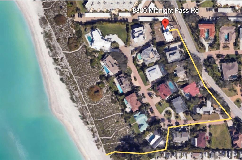 An aerial map view shows a coastal residential property outlined in yellow near the beach — 8800 MIDNIGHT PASS ROAD, SARASOTA, FL