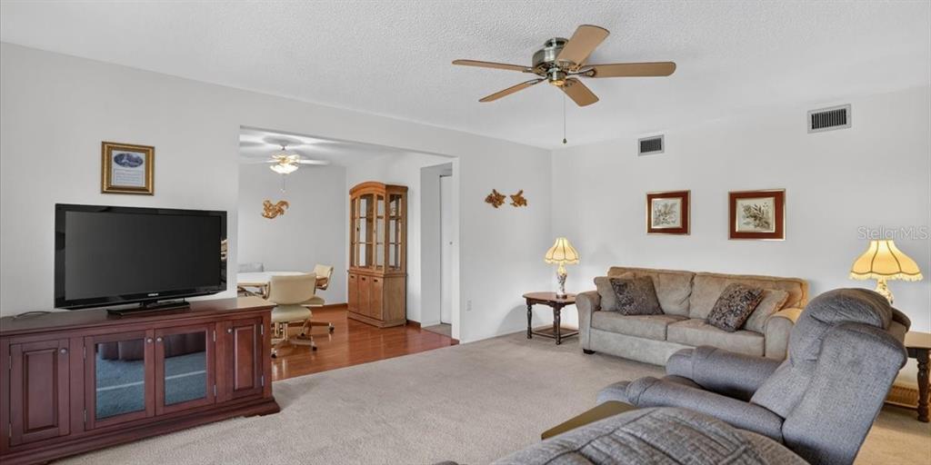 A living room with carpeted floors, a ceiling fan, a television console, and a sofa — 3595 40TH AVENUE S UNIT 2, ST PETERSBURG, FL