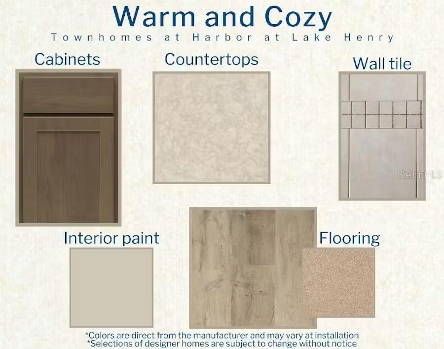 This design board displays material samples for cabinets, countertops, wall tile, interior paint, and flooring — 349 WHARF WAY, WINTER HAVEN, FL