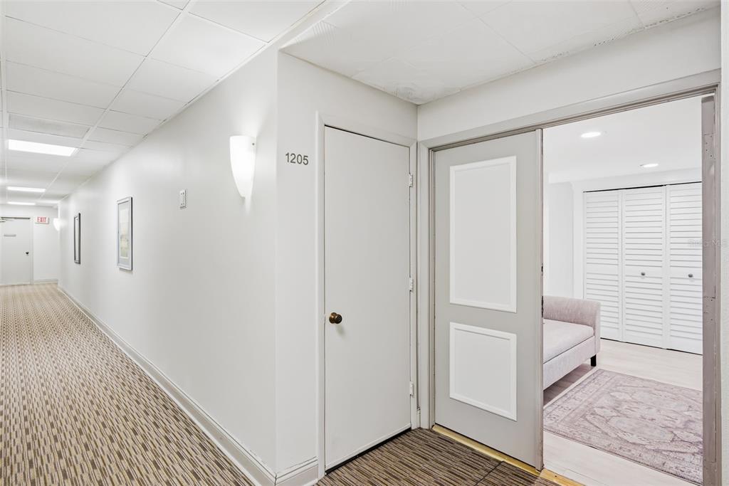 A hallway with a carpeted floor leads to a door labeled 1205 and an open entryway — 1460 GULF BOULEVARD UNIT 1205, CLEARWATER BEACH, FL