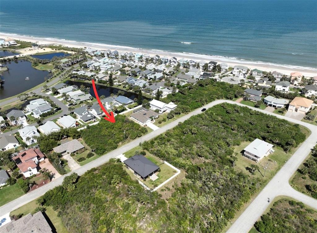 An aerial view shows a vacant, wooded residential lot marked by a red arrow — 11 MAHOE DRIVE N, PALM COAST, FL