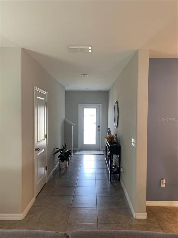 A tiled hallway leads to a front door with a console table and a plant — 10460 CARLOWAY HILLS DRIVE, WIMAUMA, FL