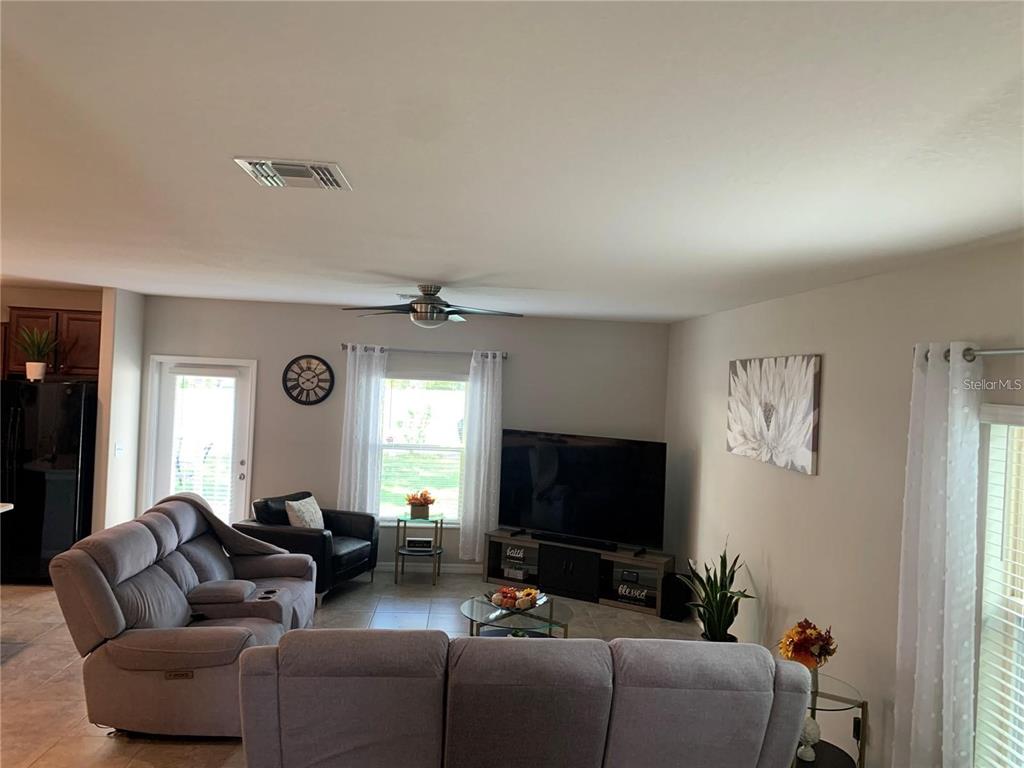 A living room features a grey sofa, a black armchair, a television, and large windows — 10460 CARLOWAY HILLS DRIVE, WIMAUMA, FL