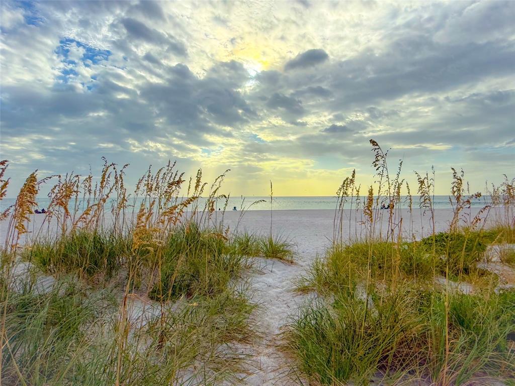 A sandy path leads through beach grass toward the ocean under a cloudy sky — 12609 SUNSHINE LANE, TREASURE ISLAND, FL