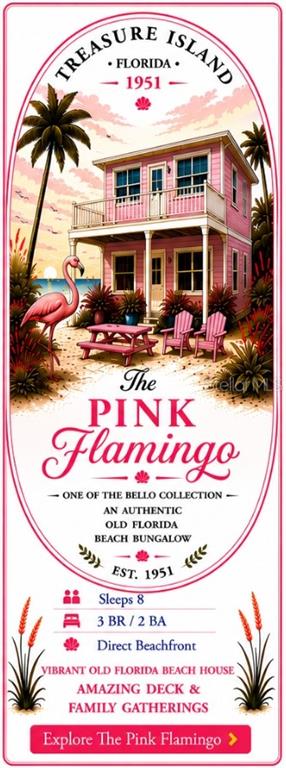 This is a digital rendering of a pink two-story beach house with a flamingo — 12609 SUNSHINE LANE, TREASURE ISLAND, FL