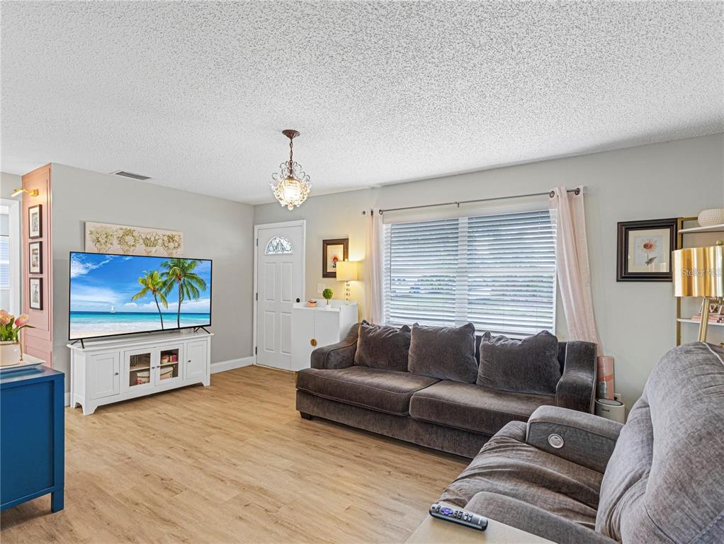A living room features light wood flooring, a grey sofa, and a television on a stand — 3124 LECANTO STREET, HOLIDAY, FL