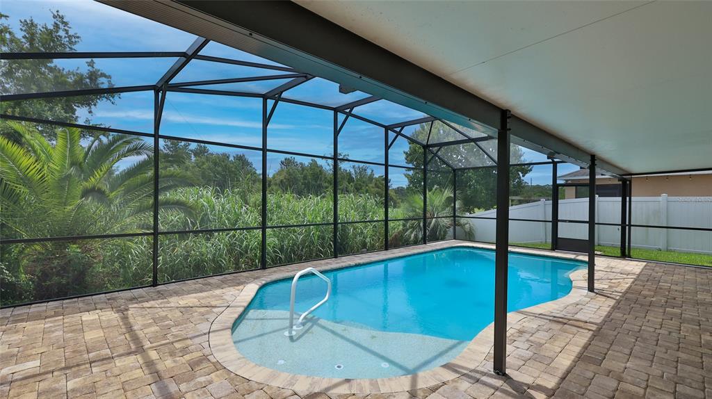 A screened-in swimming pool with a paver deck and a covered patio area — 441 WHITE CORAL DRIVE, NEW SMYRNA BEACH, FL