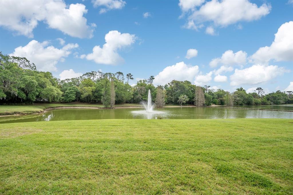 A grassy lawn overlooks a pond with a fountain and a line of trees — 3300 BRIDGEFIELD DRIVE, LAKELAND, FL
