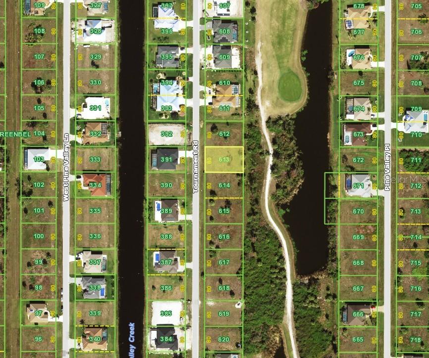 This is an aerial map showing residential lots and a vacant property on Tournament Road — 212 TOURNAMENT ROAD, ROTONDA WEST, FL