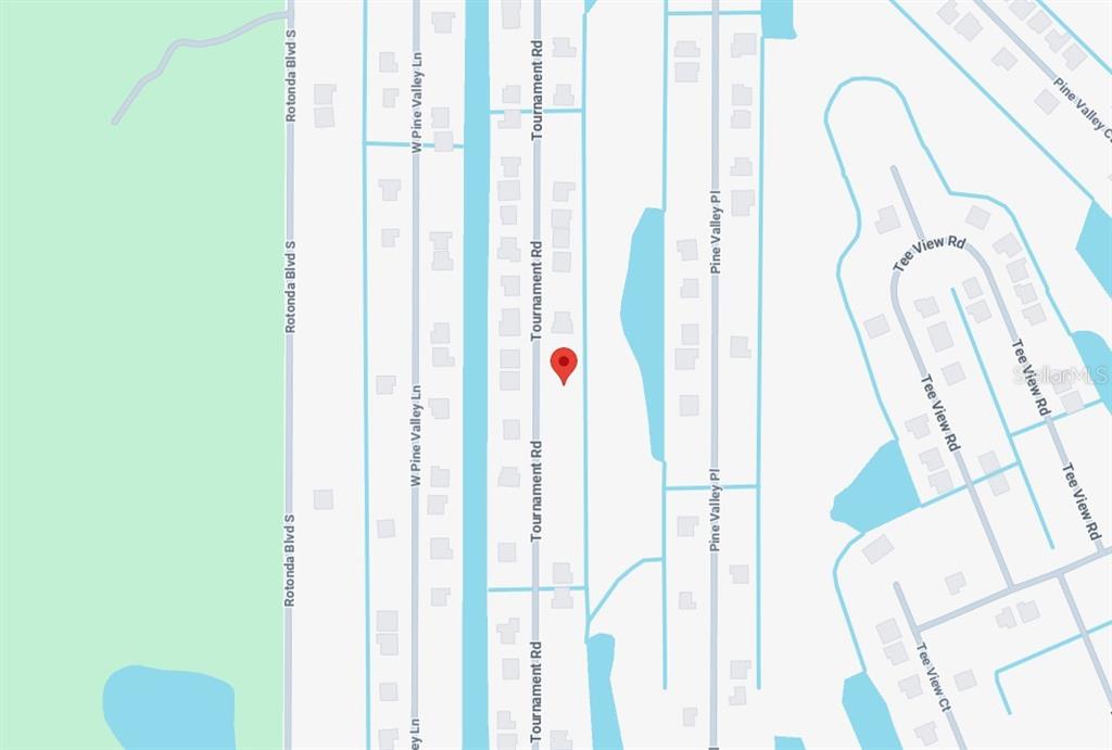 This image is a map showing a residential area with streets and a red location marker — 212 TOURNAMENT ROAD, ROTONDA WEST, FL