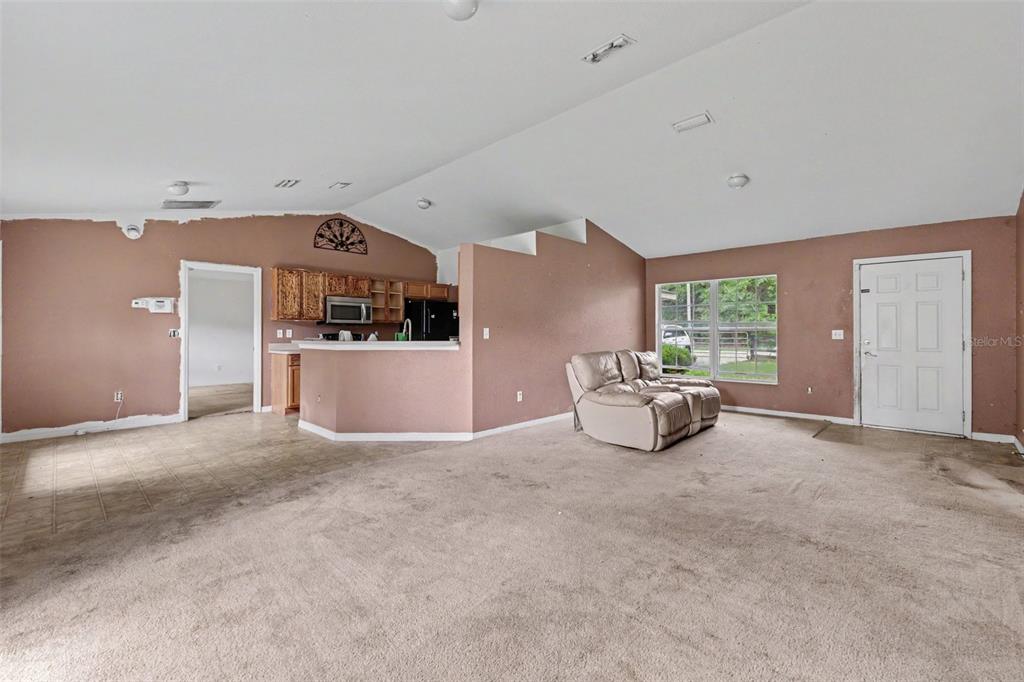 A living room with beige carpet, mauve walls, a vaulted ceiling, and an open kitchen — 135 FISHER WAY TRAIL, OCKLAWAHA, FL
