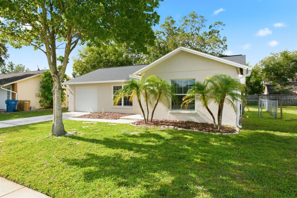 A single-story house with a white stucco exterior, a garage, and palm trees in front — 7826 KNOX LOOP, NEW PORT RICHEY, FL